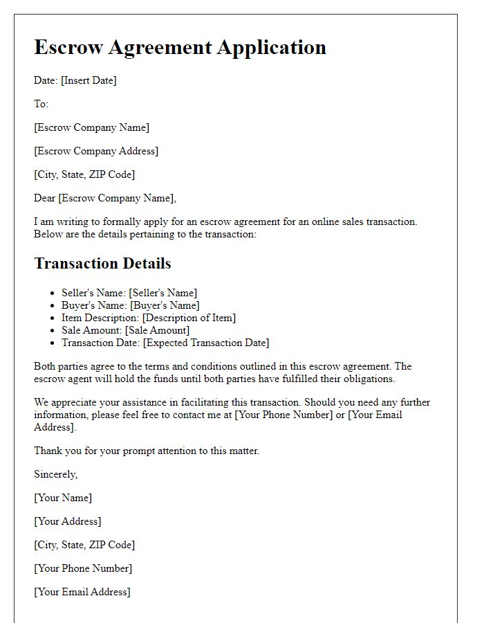 Letter template of escrow agreement application for online sales.