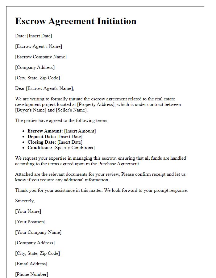 Letter template of escrow agreement initiation for real estate development.