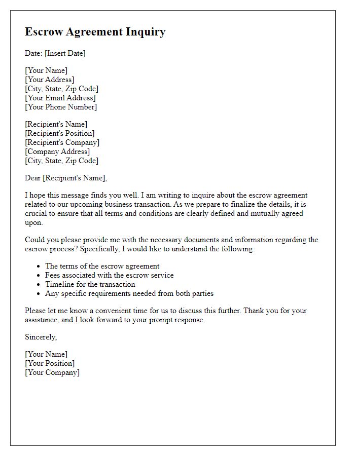 Letter template of escrow agreement inquiry for business transaction.