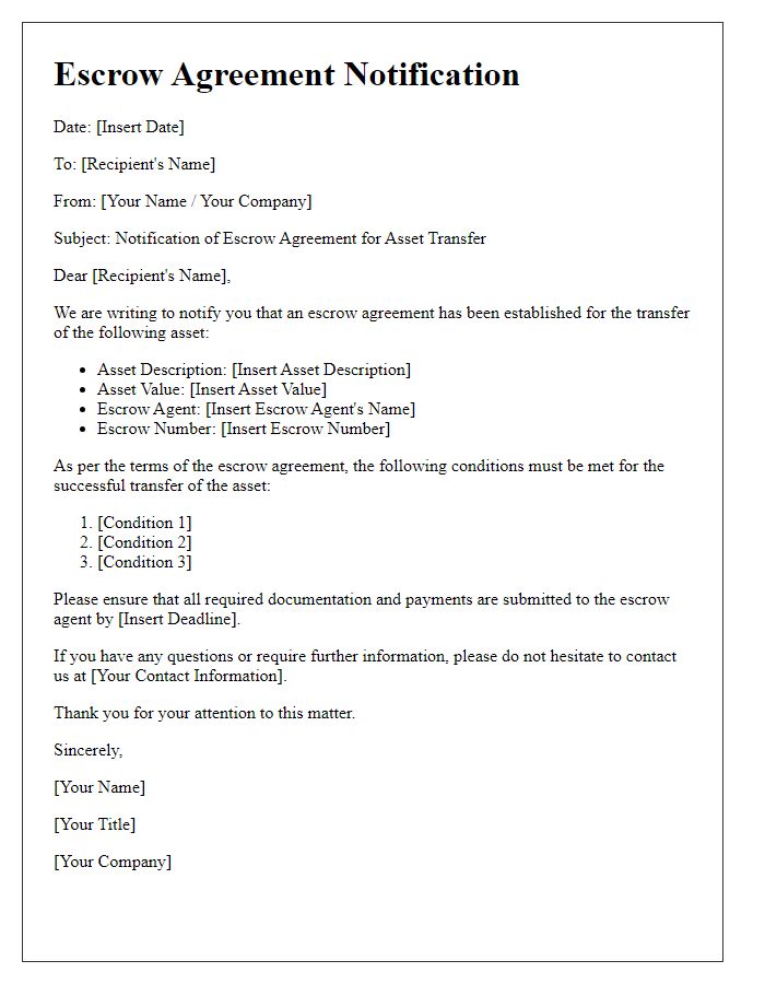 Letter template of escrow agreement notification for asset transfer.