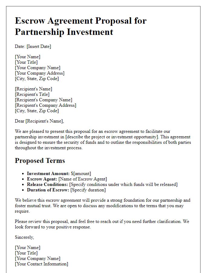 Letter template of escrow agreement proposal for partnership investment.