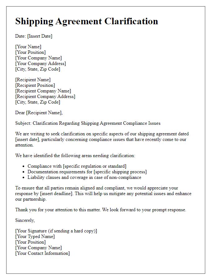 Letter template of shipping agreement clarification for compliance issues.