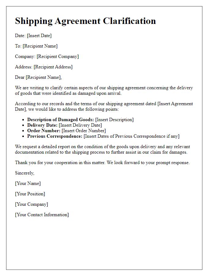 Letter template of shipping agreement clarification for damaged goods.