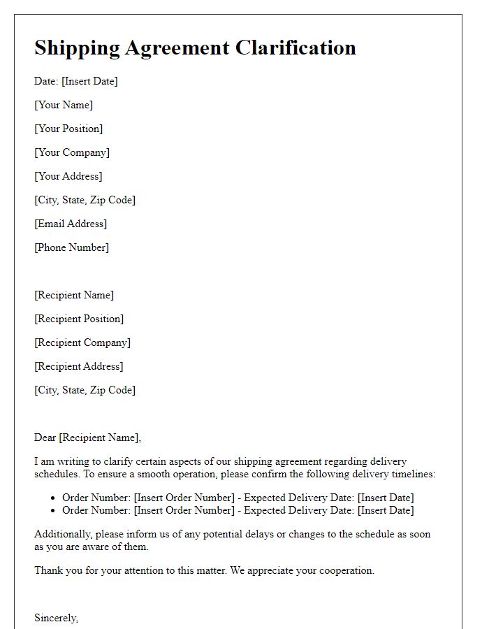 Letter template of shipping agreement clarification for delivery schedules.