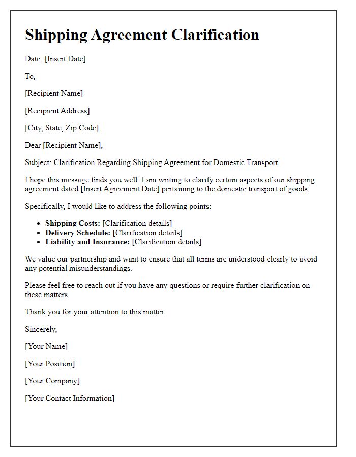 Letter template of shipping agreement clarification for domestic transport.