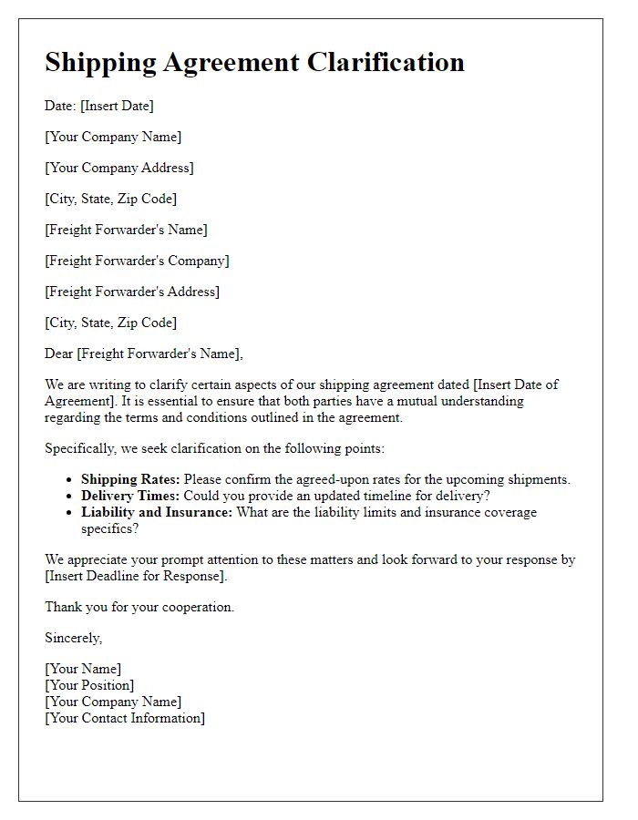 Letter template of shipping agreement clarification for freight forwarding.