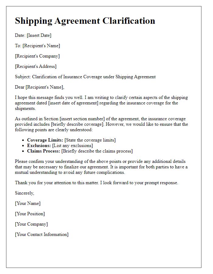 Letter template of shipping agreement clarification for insurance coverage.