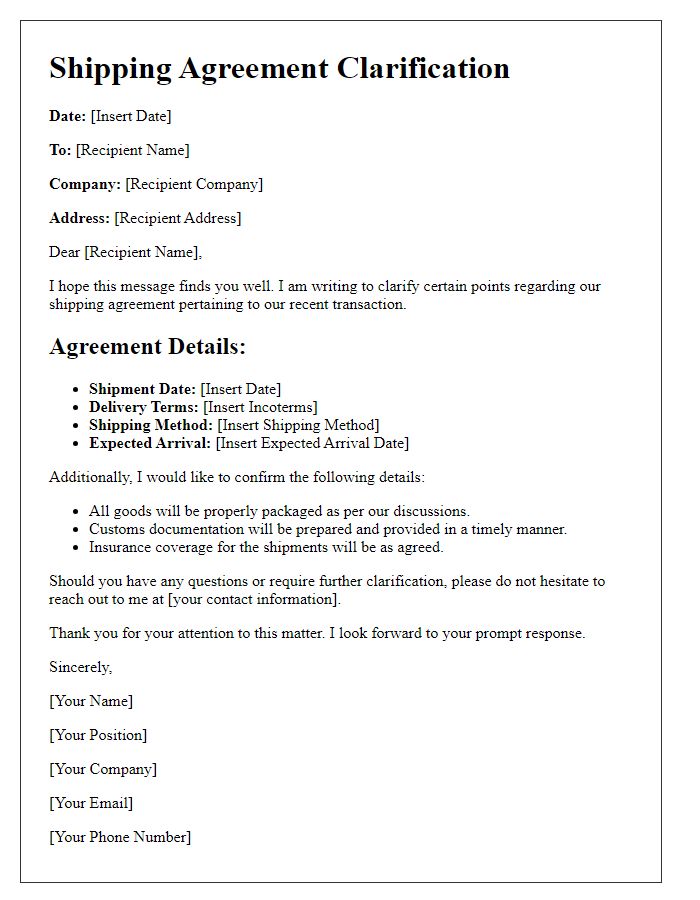 Letter template of shipping agreement clarification for international trade.