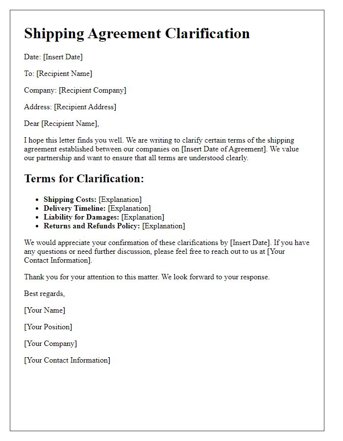 Letter template of shipping agreement clarification for terms of service.