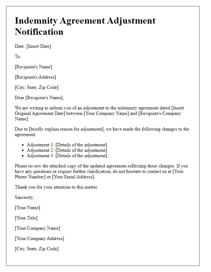 Letter template of indemnity agreement adjustment notification