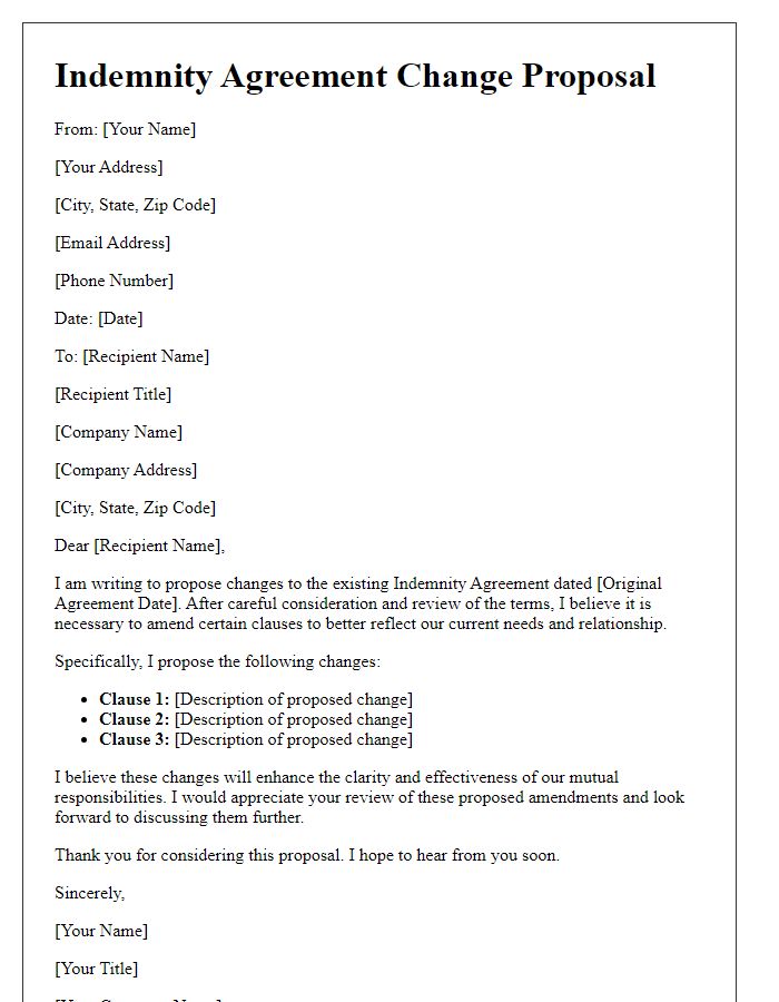 Letter template of indemnity agreement change proposal