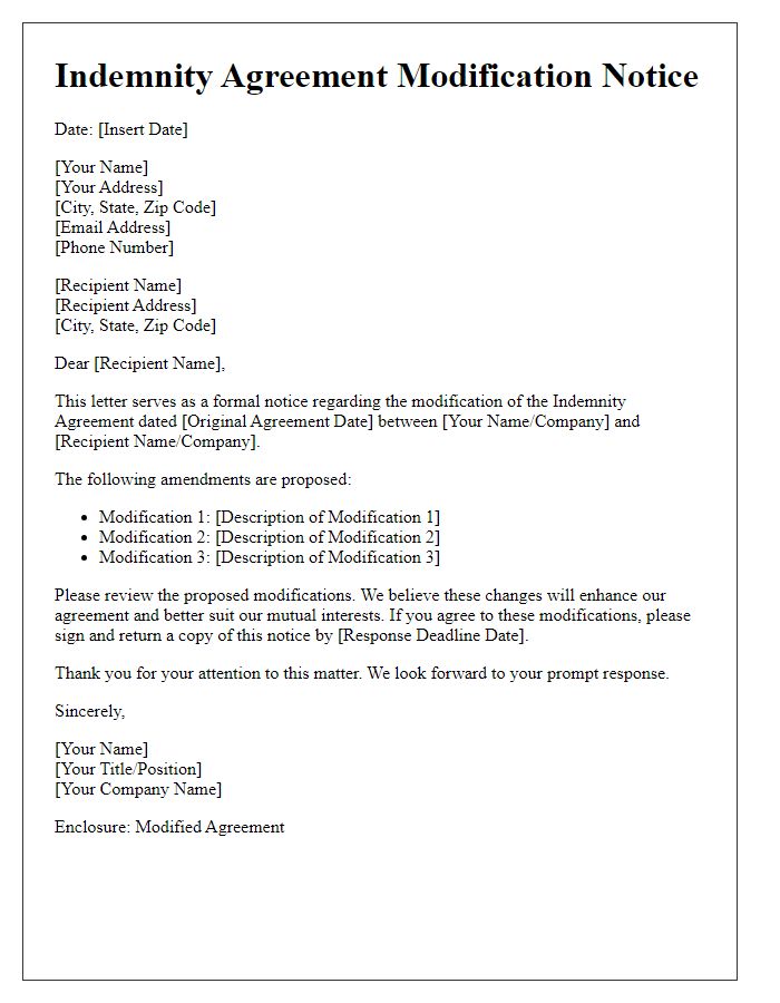 Letter template of indemnity agreement modification notice