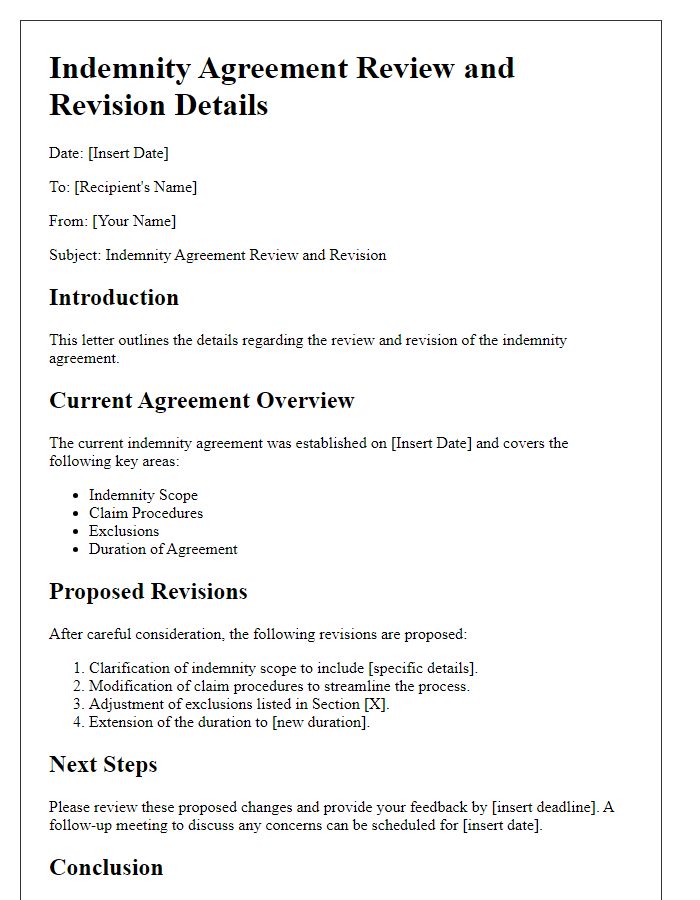 Letter template of indemnity agreement review and revision details