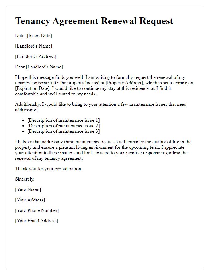 Letter template of tenancy agreement renewal request with additional maintenance requests.