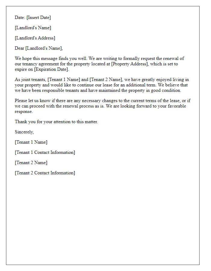 Letter template of tenancy agreement renewal request for a joint lease.