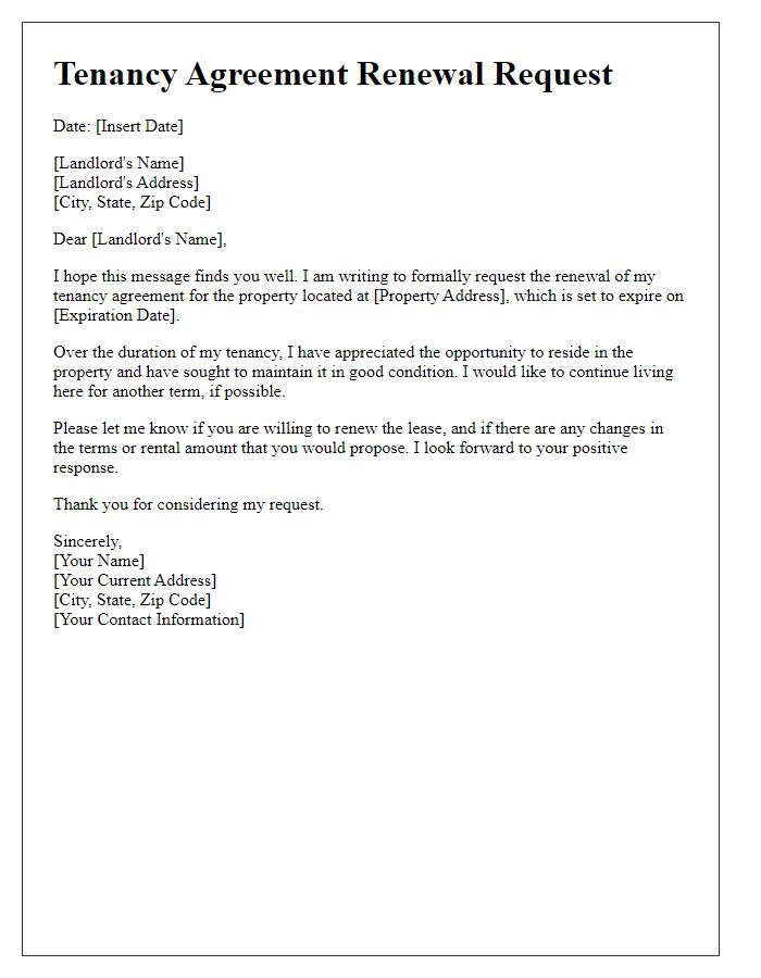 Letter template of tenancy agreement renewal request for residential lease.