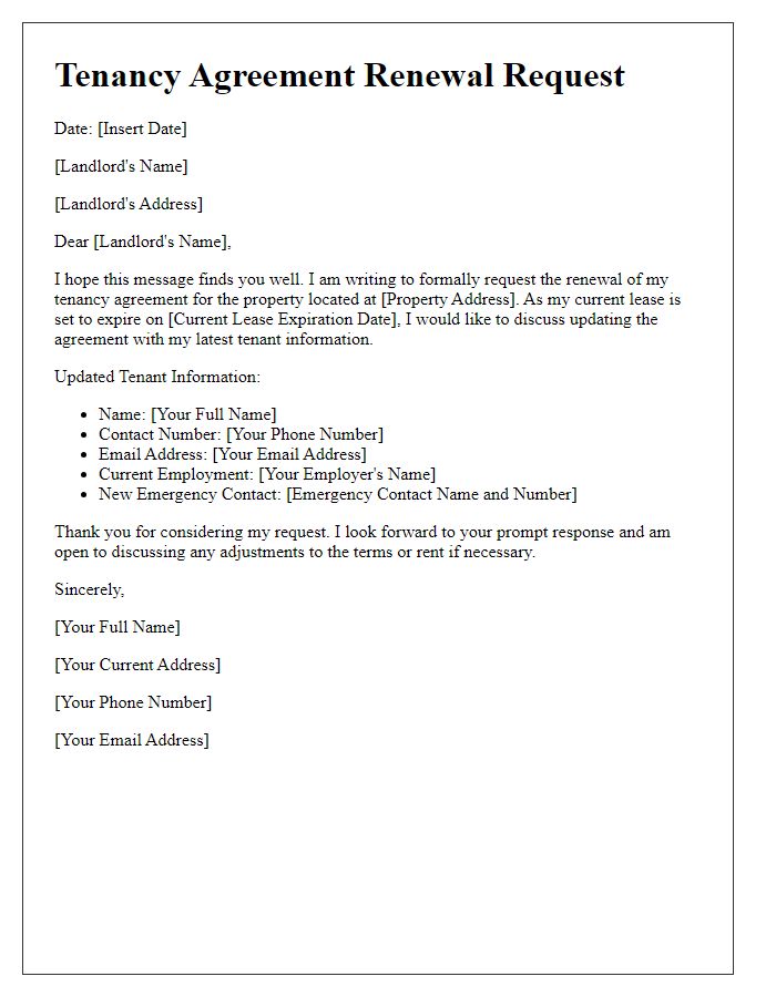 Letter template of tenancy agreement renewal request with updated tenant information.