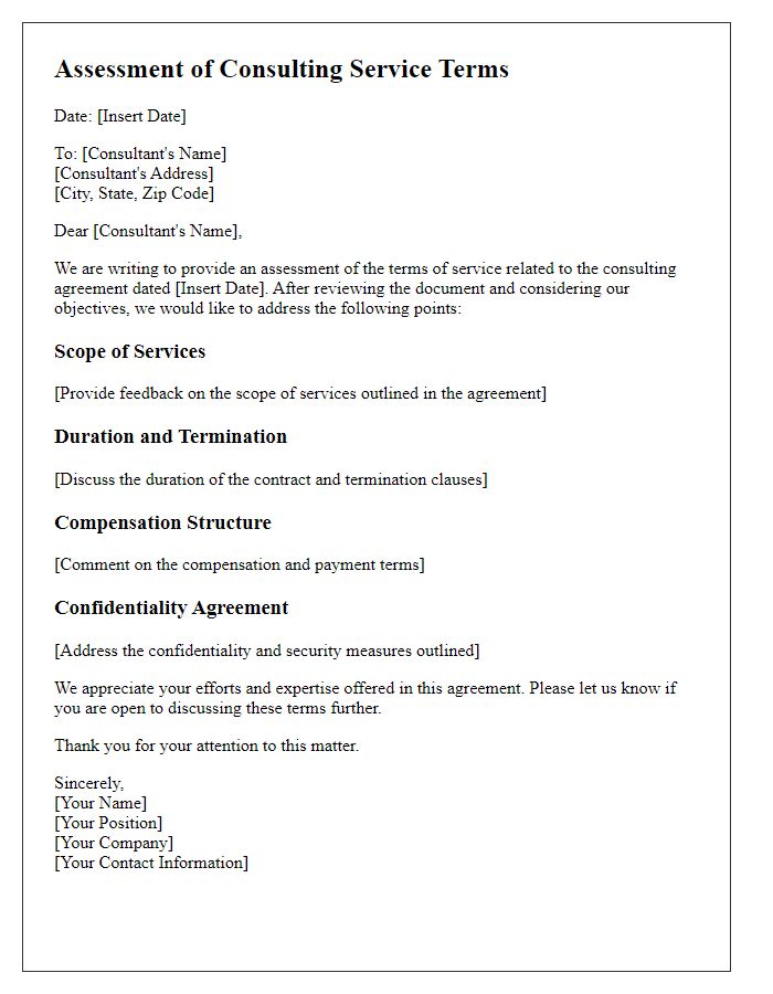 Letter template of assessment on consulting service terms