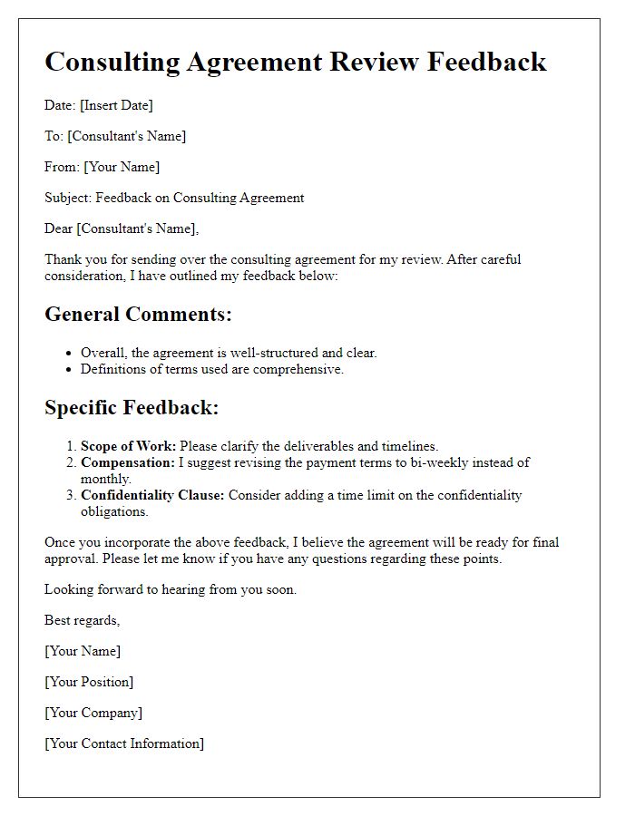 Letter template of consulting agreement review feedback