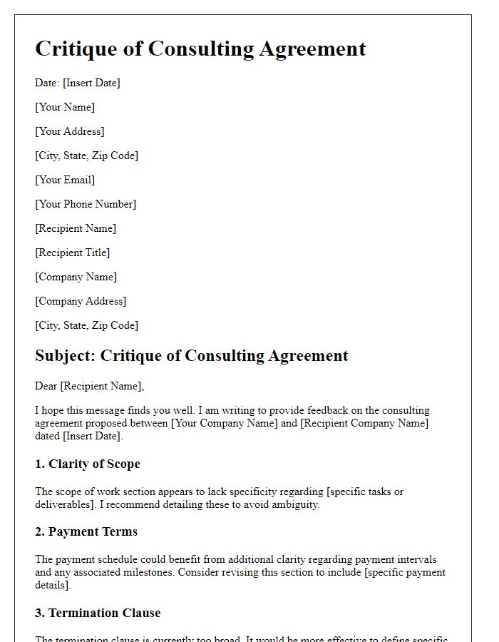 Letter template of critique for consulting agreement specifics