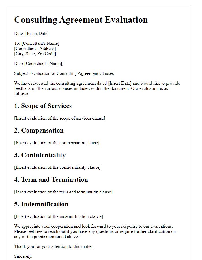 Letter template of evaluation of consulting agreement clauses