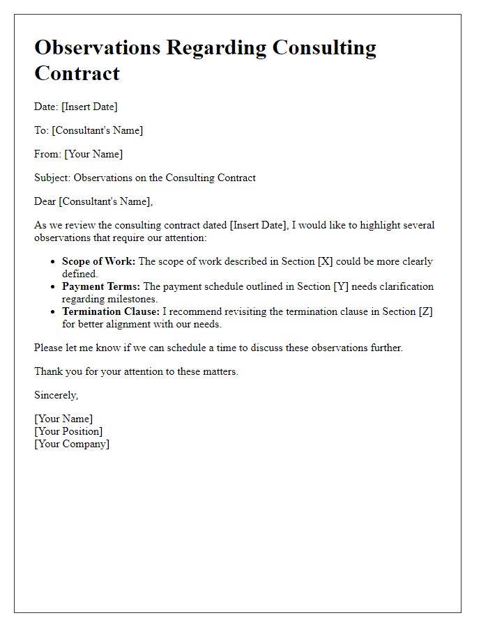 Letter template of observations regarding consulting contract