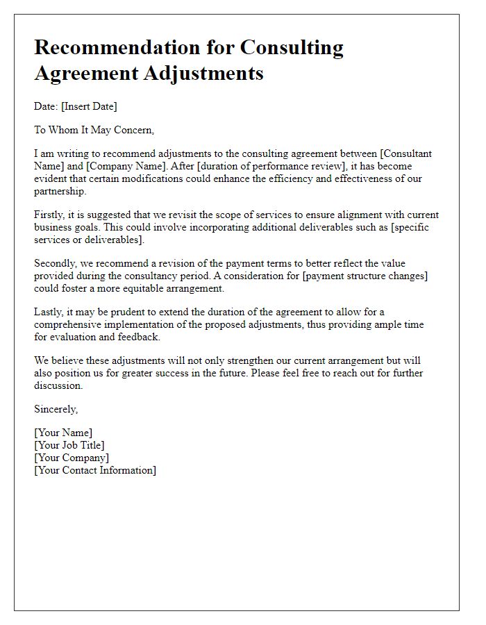 Letter template of recommendations for consulting agreement adjustments