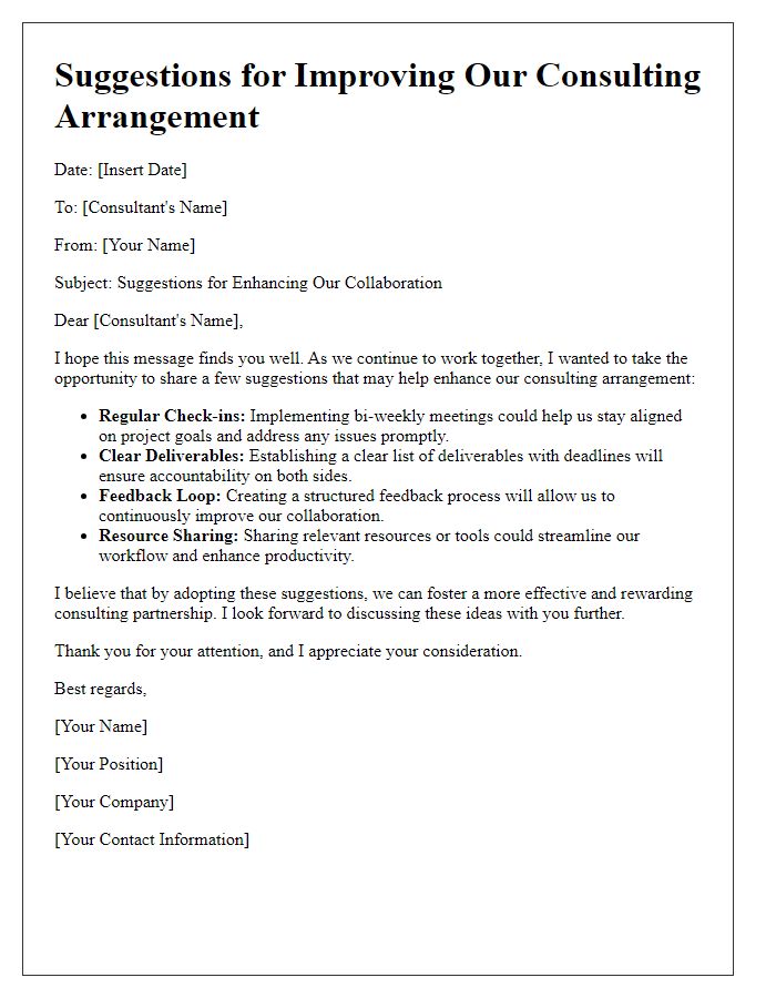 Letter template of suggestions for consulting arrangement improvements