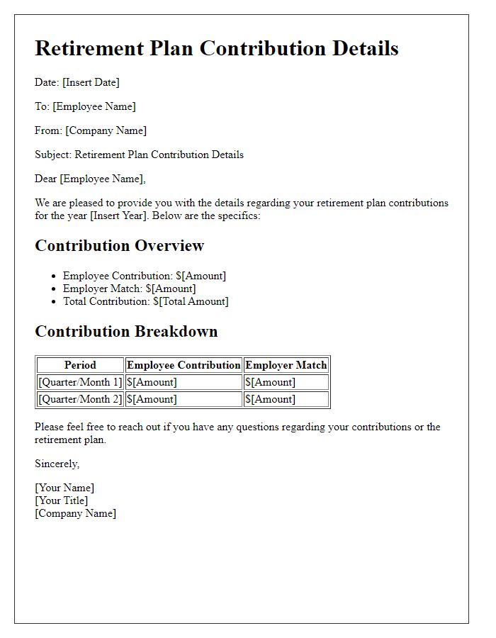 Letter template of retirement plan contribution details