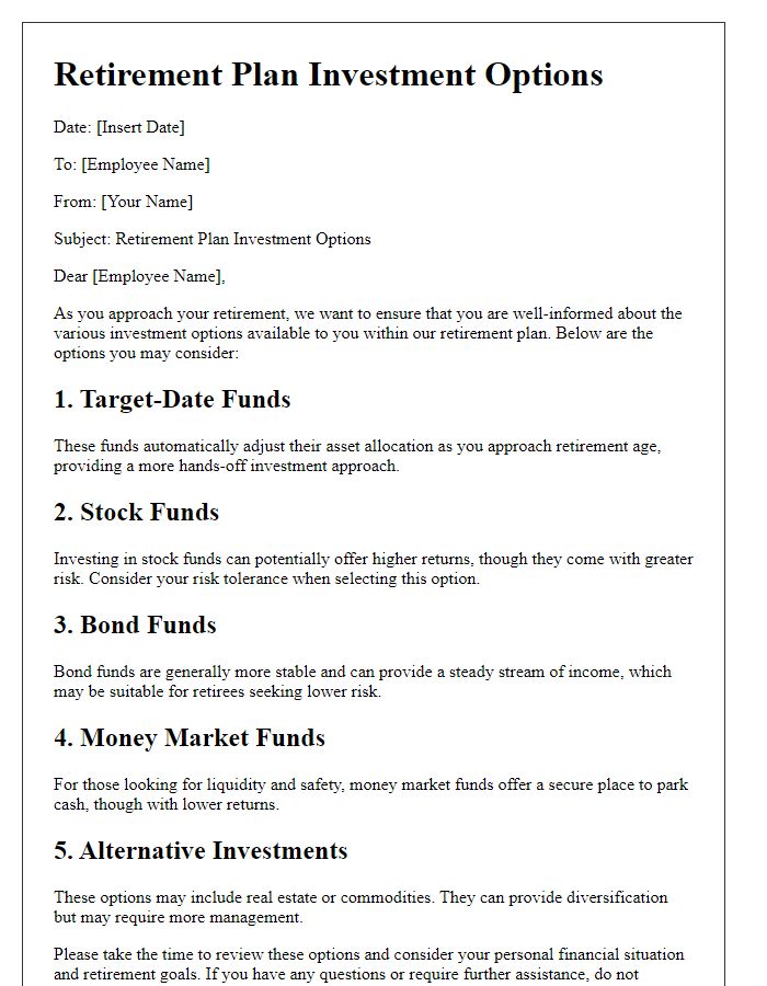 Letter template of retirement plan investment options