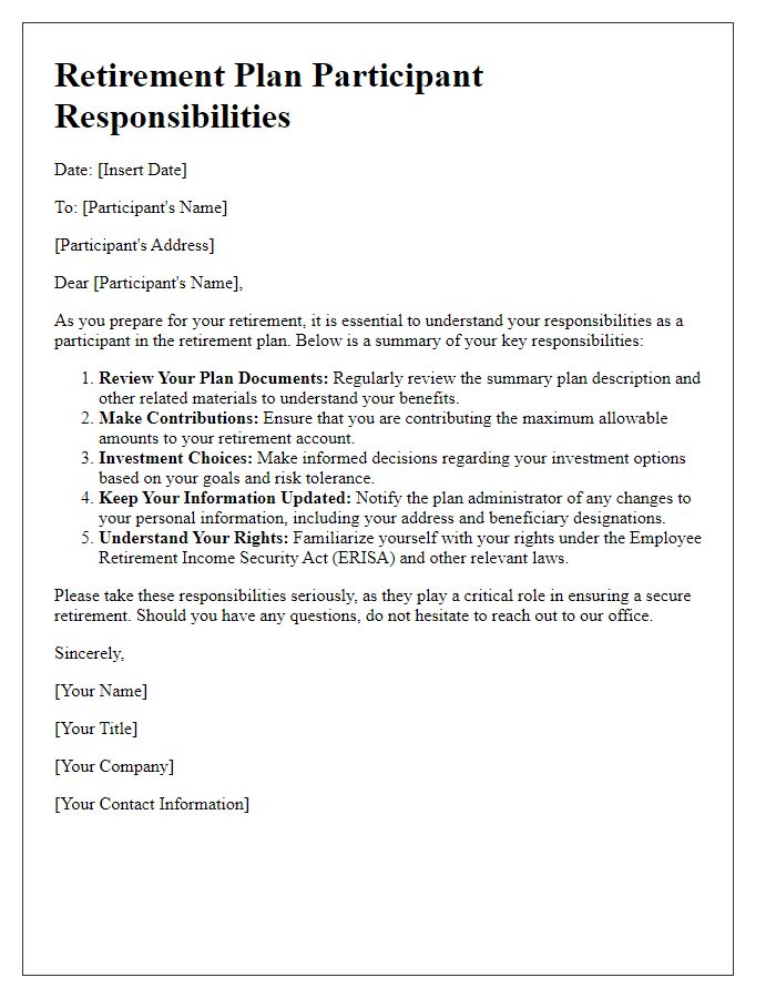 Letter template of retirement plan participant responsibilities