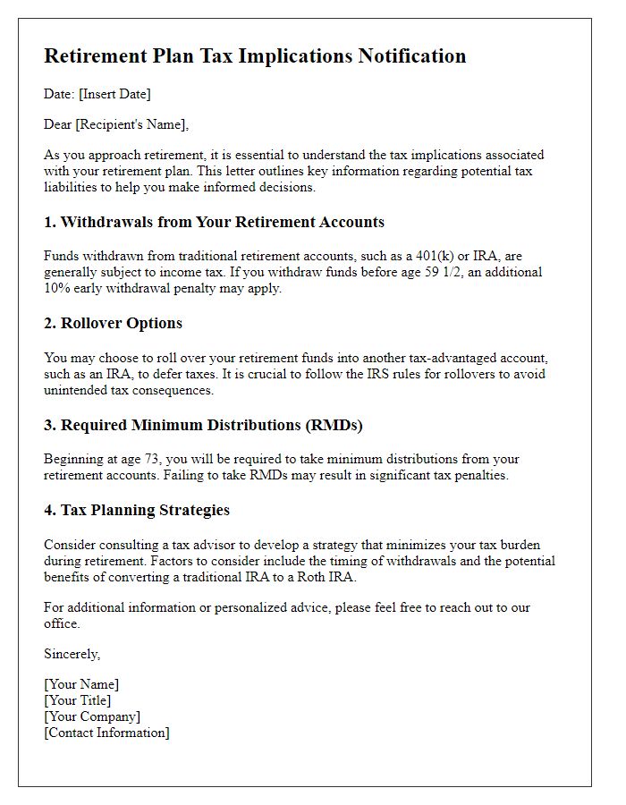 Letter template of retirement plan tax implications