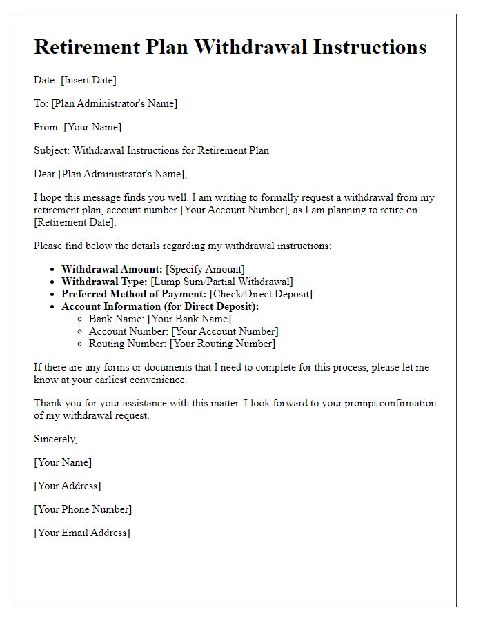 Letter template of retirement plan withdrawal instructions