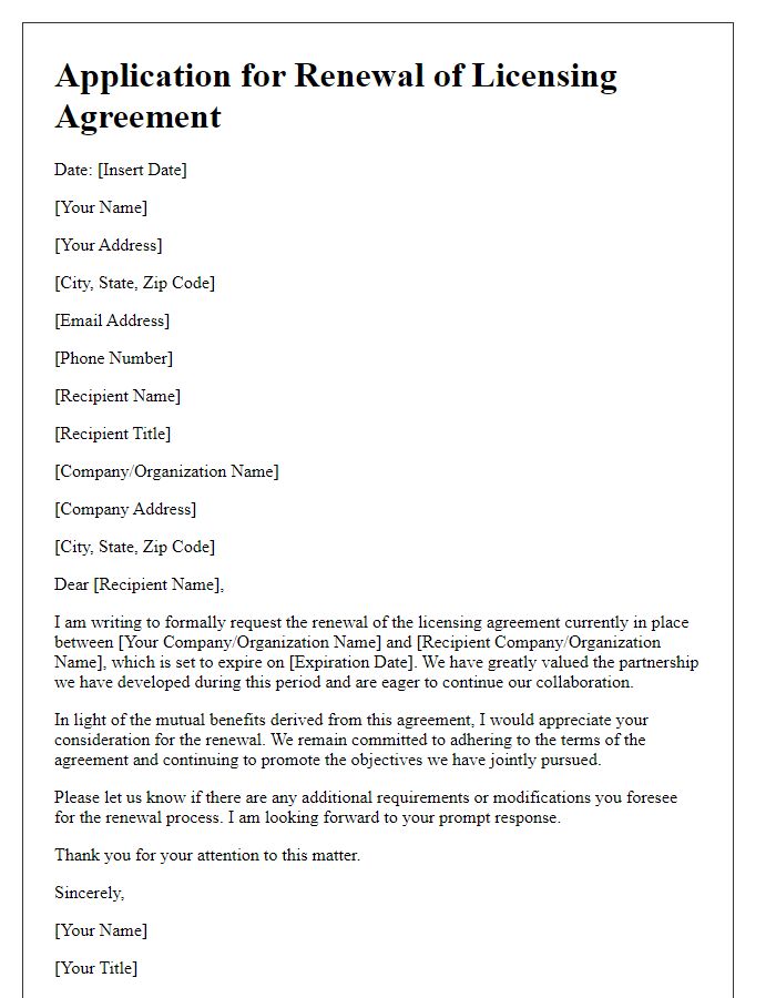 Letter template of application for licensing agreement renewal