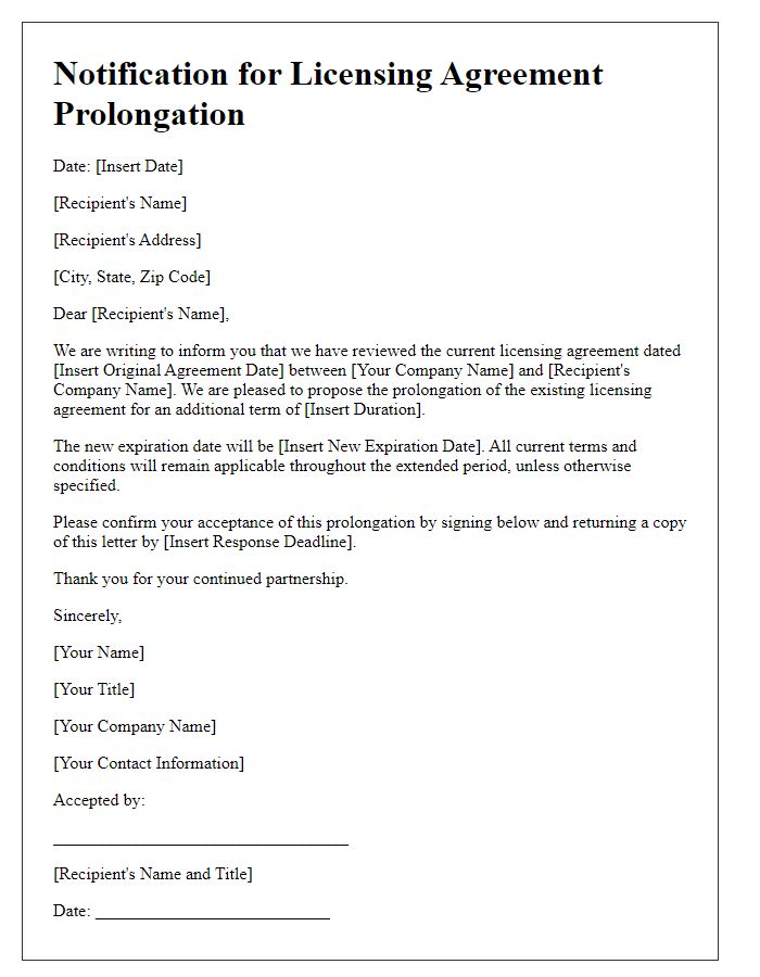 Letter template of notification for licensing agreement prolongation