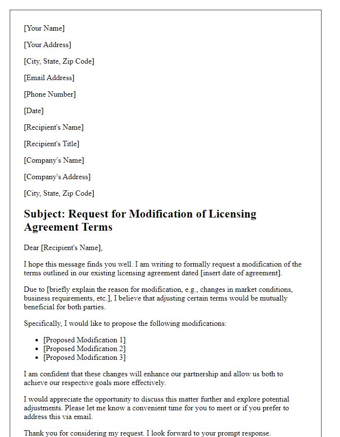 Letter template of request for modification of licensing agreement terms