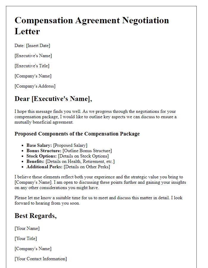 Letter template of compensation agreement negotiation for executive positions