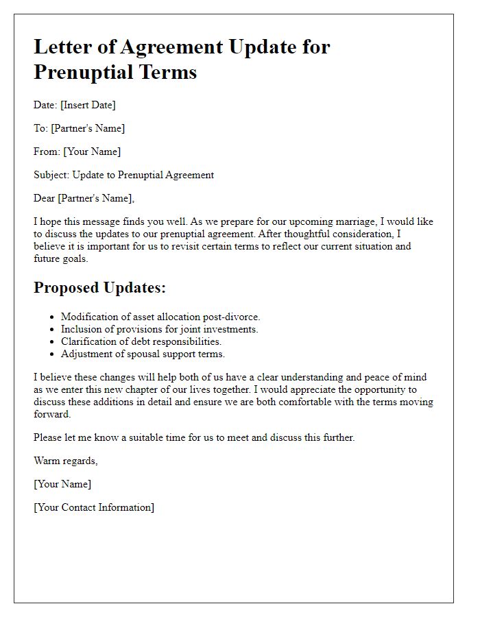 Letter template of agreement update for prenuptial terms