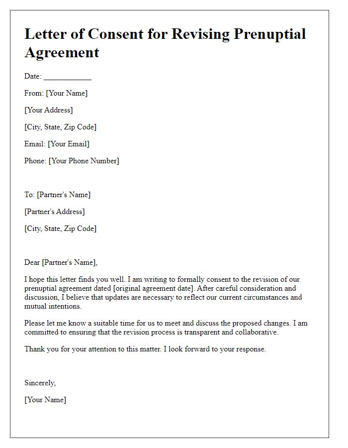 Letter template of consent for revising prenuptial agreement