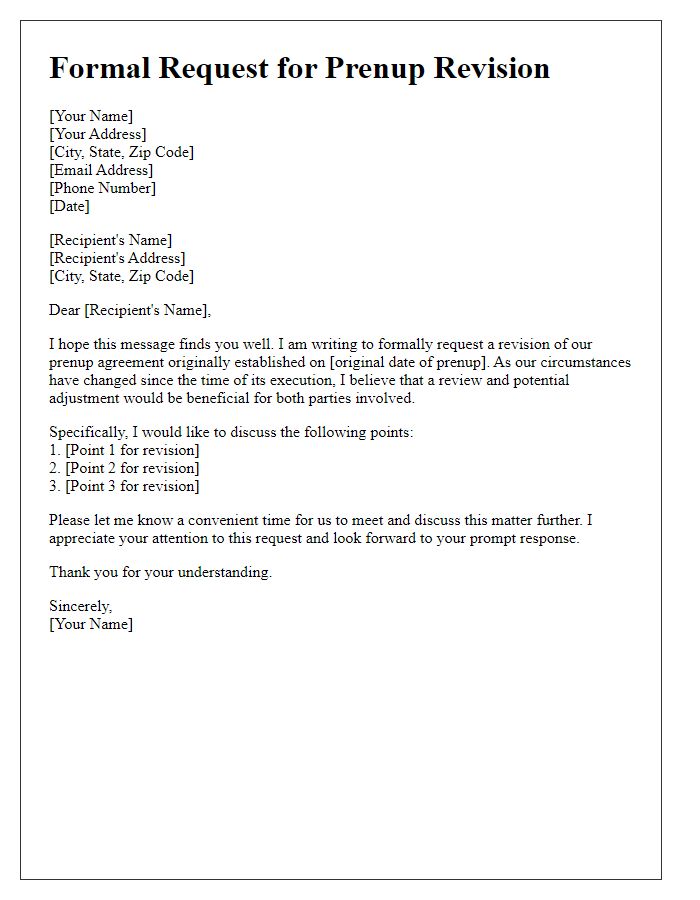 Letter template of formal request for prenup revision