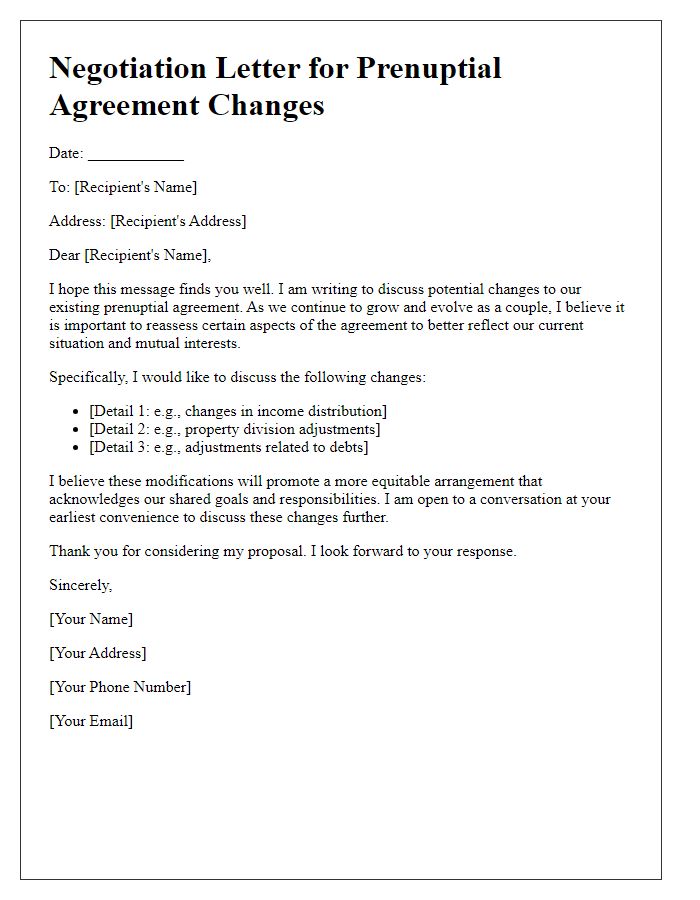 Letter template of negotiation for prenup changes