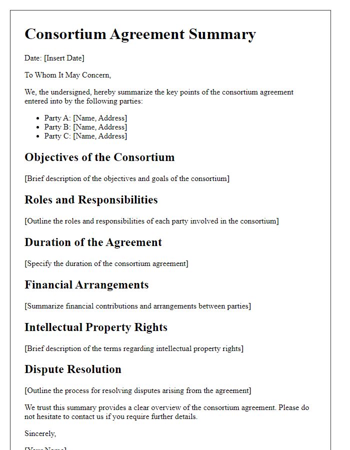 Letter template of consortium agreement summary