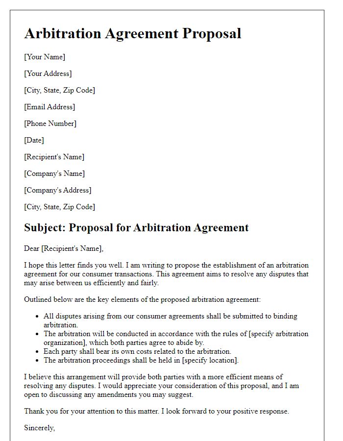 Letter template of arbitration agreement proposal for consumer agreements