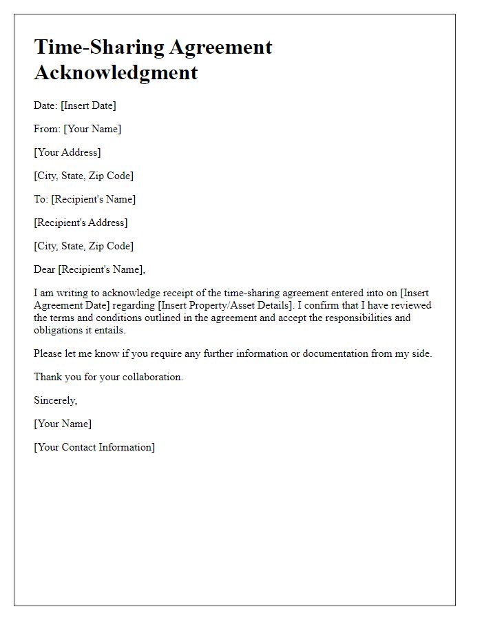 Letter template of time-sharing agreement acknowledgment