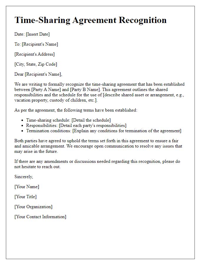 Letter template of time-sharing agreement recognition