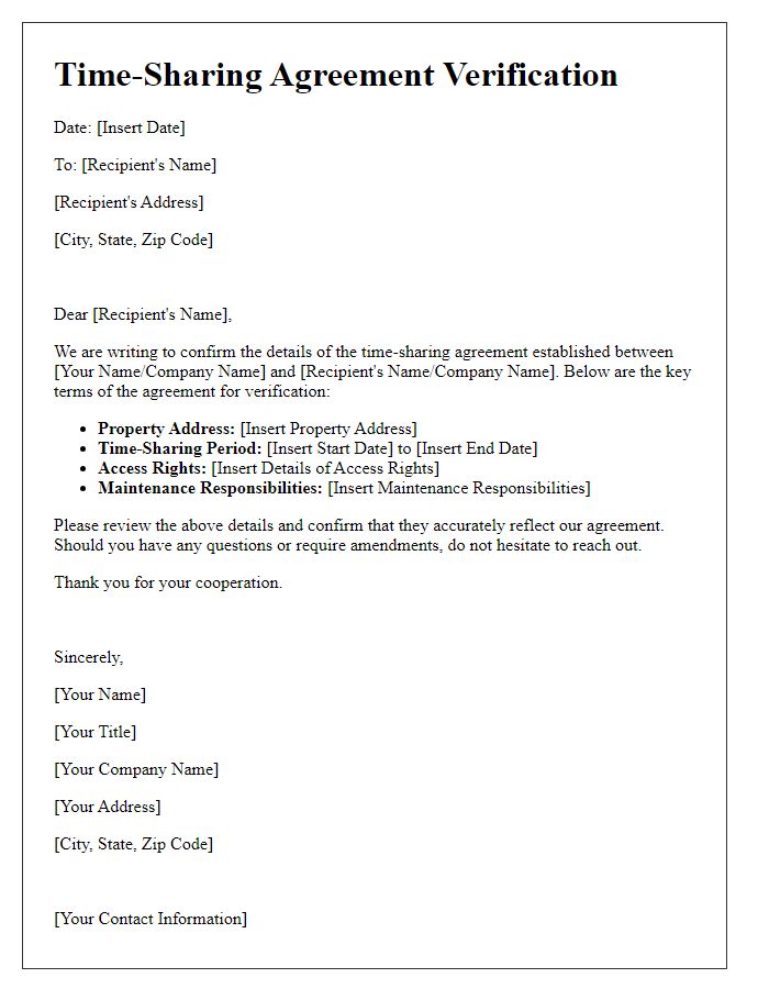 Letter template of time-sharing agreement verification