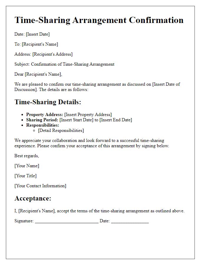 Letter template of time-sharing arrangement confirmation