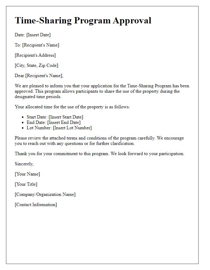 Letter template of time-sharing program approval