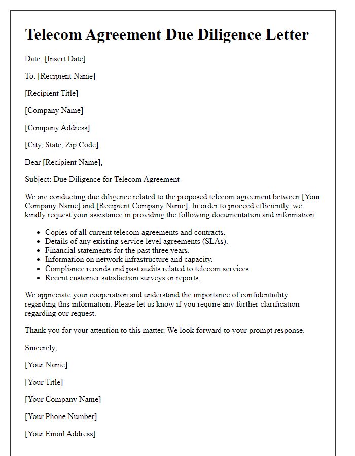 Letter template of telecom agreement due diligence