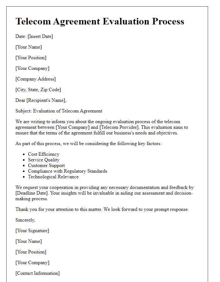 Letter template of telecom agreement evaluation process